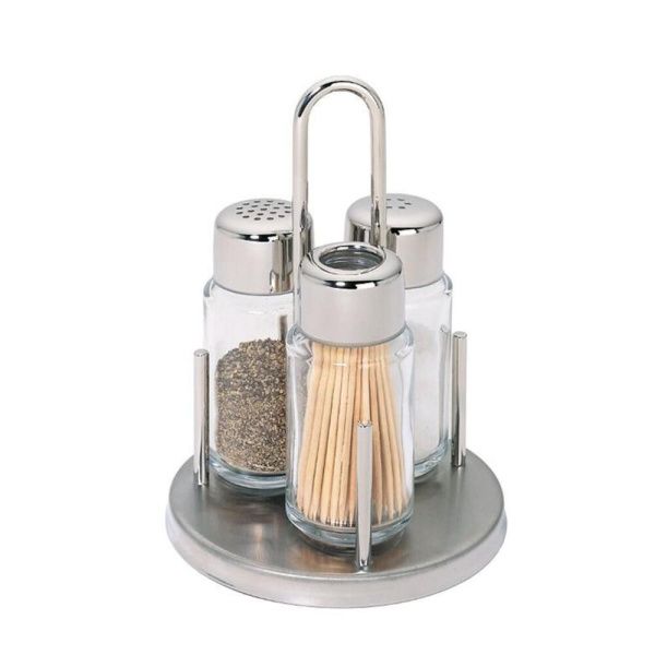 Набор для специй 3 пр.: соль, перец, стаканчик для зубочисток, на подставке с ручкой, нерж. сталь