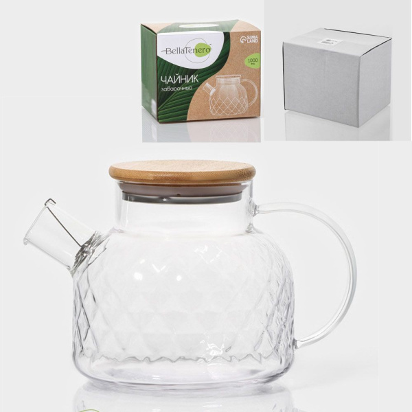 Чайник заварочный 1000 мл, с бамбуковой крышкой и металлическим фильтром "Круиз" 1 л, 190 х 130 х 130 мм